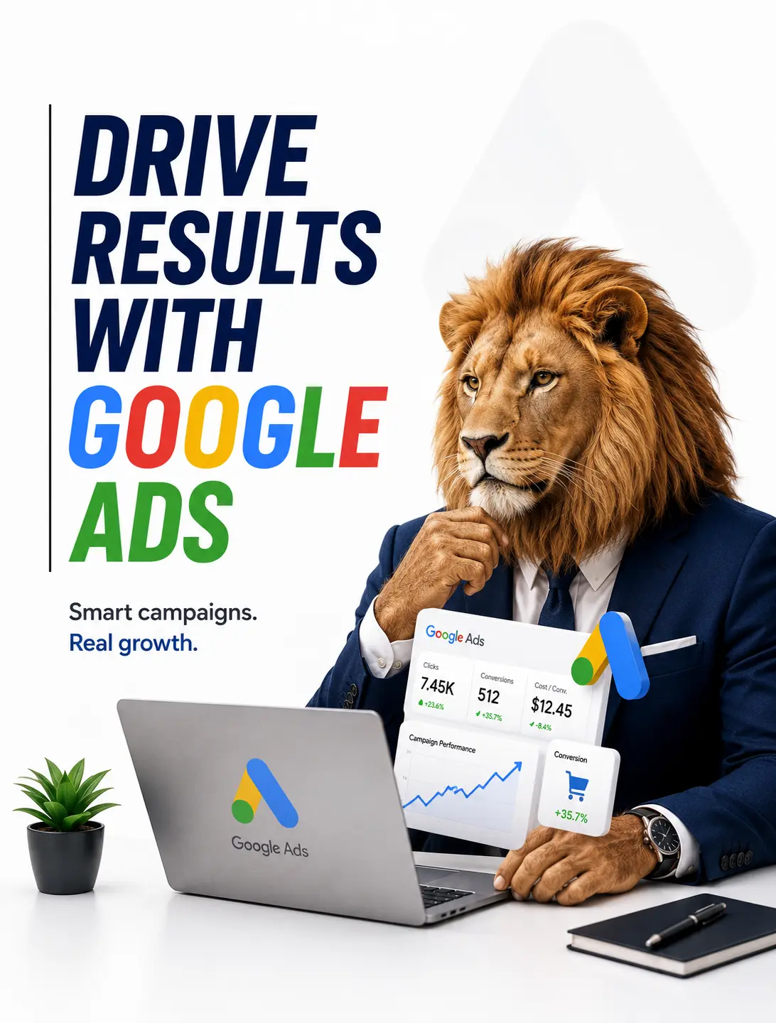 Google Ads dashboard showing ad optimization metrics, CPA and conversion trends