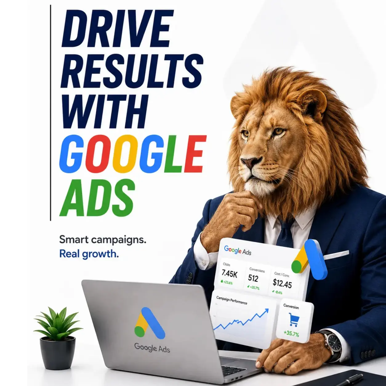Google Ads dashboard showing ad optimization metrics, CPA and conversion trends